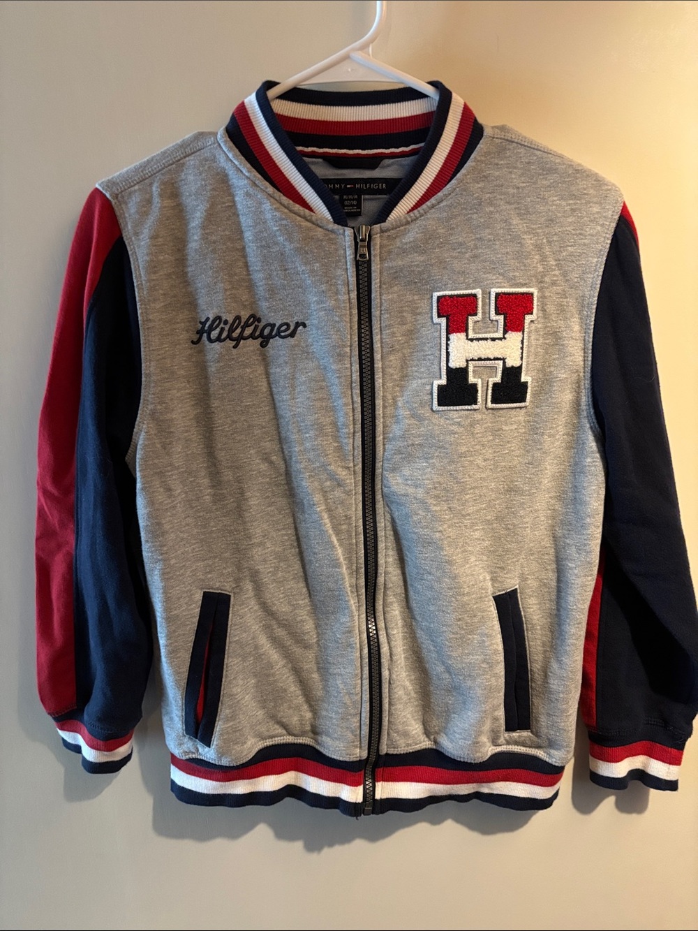 Tommy Hilfiger Grey, Navy & Red Varsity Jacket Top